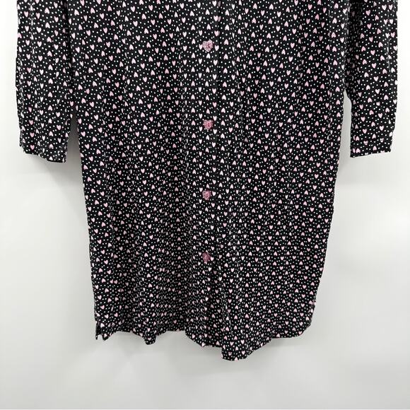 Betsey Johnson Black & Pink Heart Print 3/4 Sleeve Button Down Sleep Dress Sz M - Picture 3 of 8